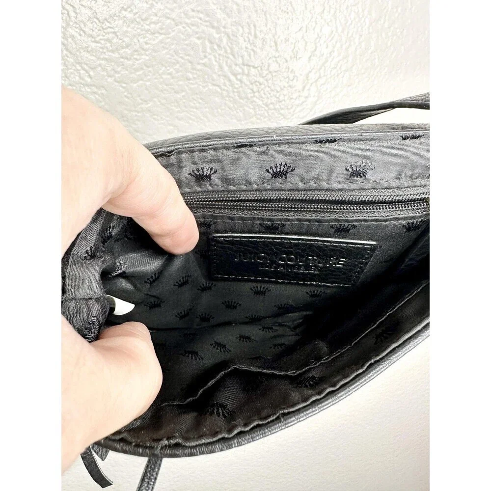 Juicy Couture Crossbody Bag Womens Small Black Faux Leather Tassel Mirror Charm